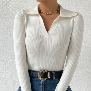 SHEIN Cream Fitted Collared Sweater Blouse